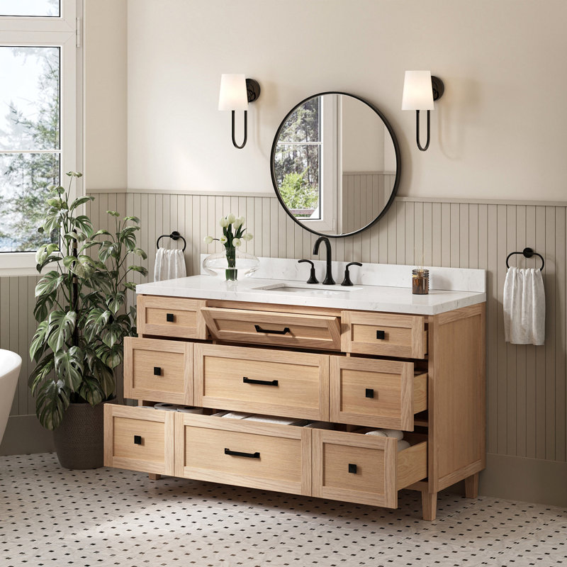 Meuble-lavabo simple 60 po en chêne massif ARIEL Monroe, Chêne, 60" - 61", Carrara White Quartz