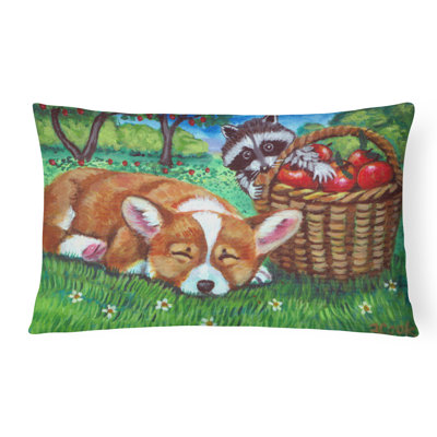 Corgi with the Racoon Apple Thief Fabric Indoor/Outdoor Throw Pillow