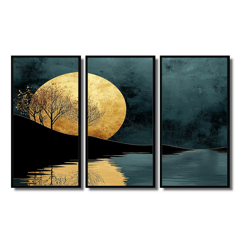 «Quiet Bold River» en émeraude harmonie dorée I - Forest River Mountains, art mural - ensemble de 3, H 40 po x l 60 po, Noir