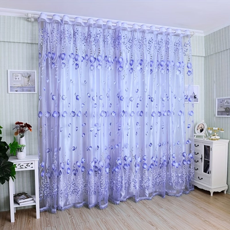 2Pcs Modern Printed Tulip Curtains Sheer Voile Tulle For Bedroom Living Room 39X79Inch (Set Of 2), Purple