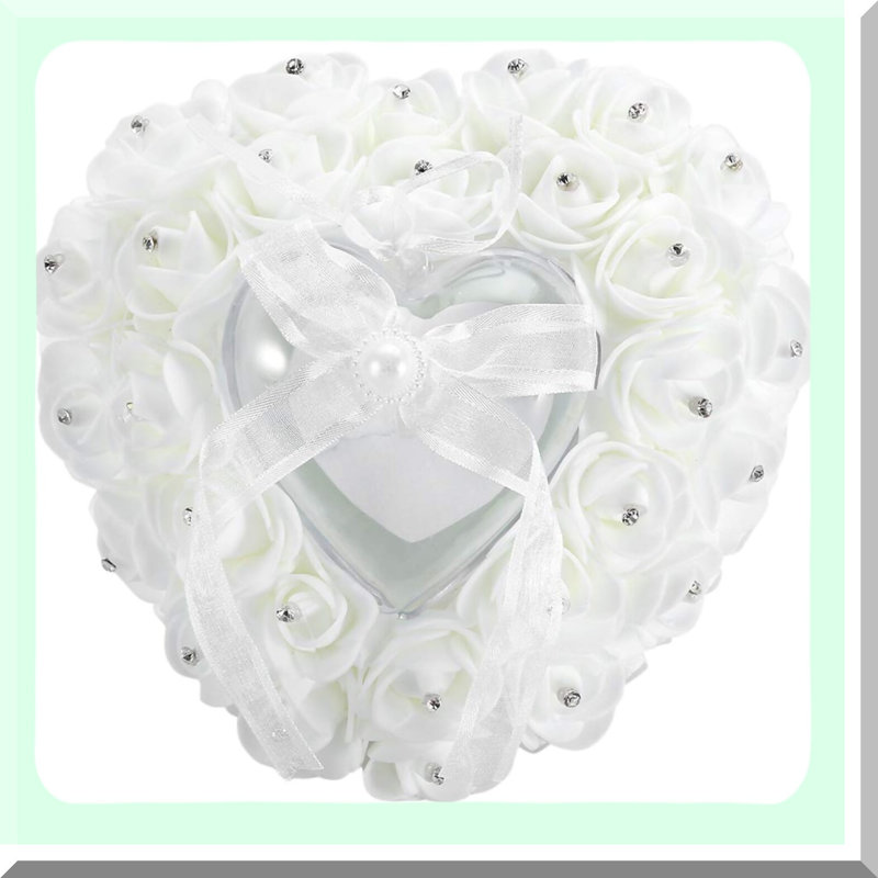 Heart-Shaped Wedding Ring Pillow with Rhinestones