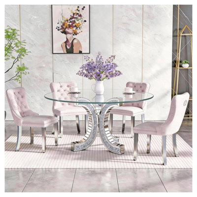 Modern Round Dining Table with Crushed Diamond Glass Top and Silver C-Shaped Pedestal Base