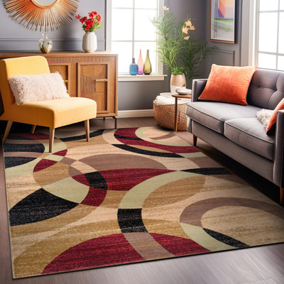 Mehul Geometric Multi Colored Area Rug in Red/Brown/Black - Modern Polypropylene Carpet for Living Room, Bedroom, Entryway, or Dining Room