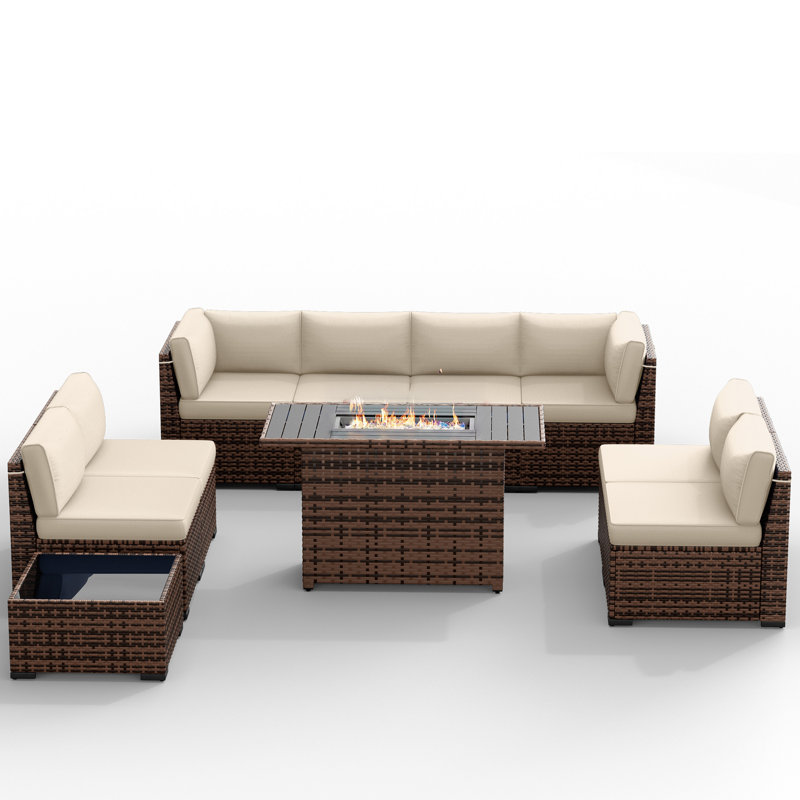 Avamay Rattan Sectional Seating Group with Cushions, Cream Performance Microfiber, Yes