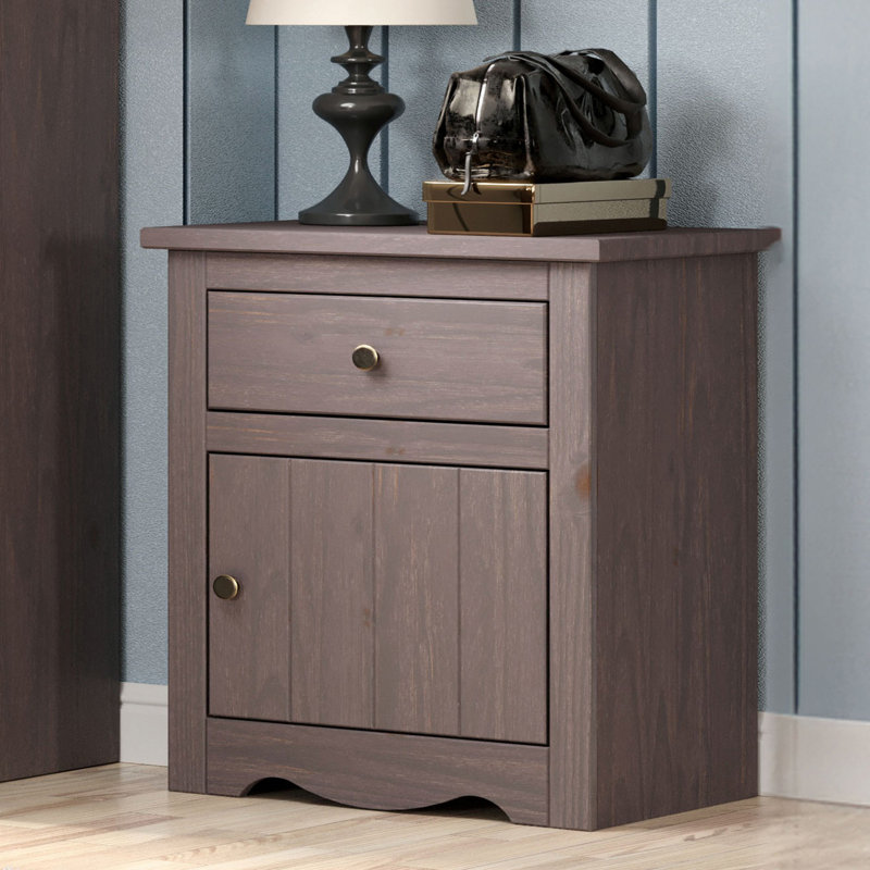 Table de chevet Stav, 1 tiroir et porte, 25 pouces, style planche, bois massif, Gris