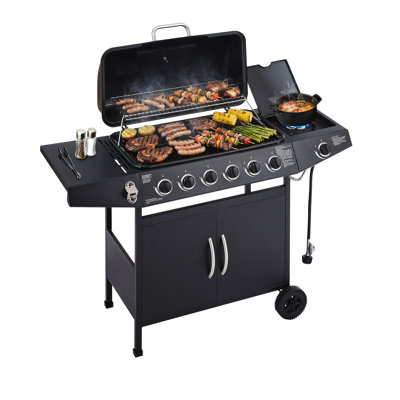 Barbecue 6 brûleurs avec 59 000 grilles émaillées et zone de réchauffement pour les brûleurs de barbecue au gaz propane, tables d'appoint