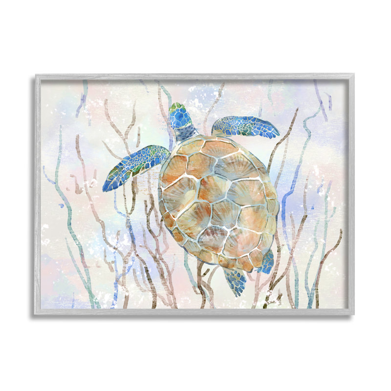 Gray Framed Abstract Ocean Sea Turtle Canvas Print