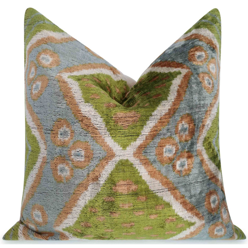 Handmade Green and Blue Velvet Ikat Square Accent Pillow 20x20