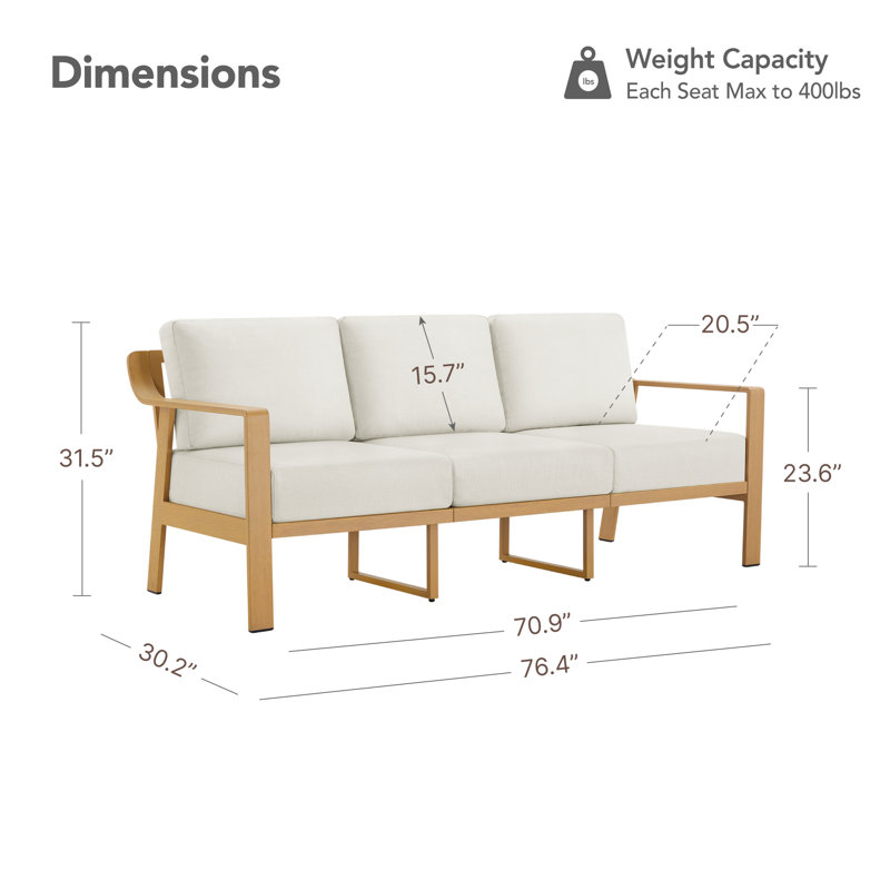76.4’’ Wide Aluminum Outdoor Patio Sofa With Cushions, Beige Cushion/Natural Wood Frame
