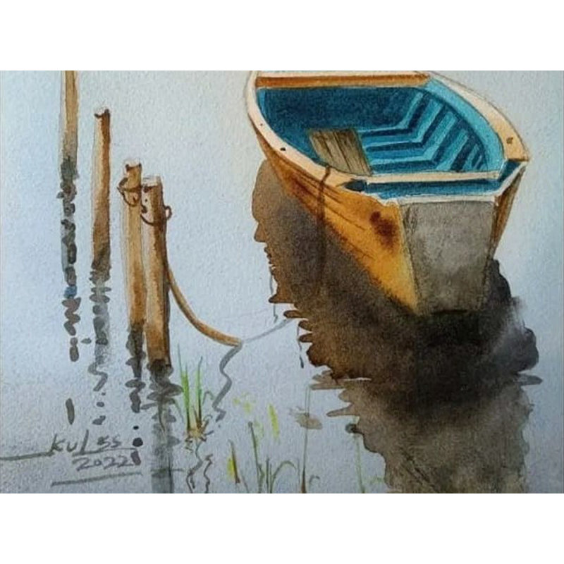 Illustration d'un bateau bleu | Aquarelle avec cadre | Kulwinder Singh