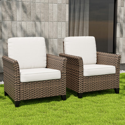 2 Piece Patio Dining Chairs Outdoor All-Weather Wicker Curved Armchairs With Olefin Cushions