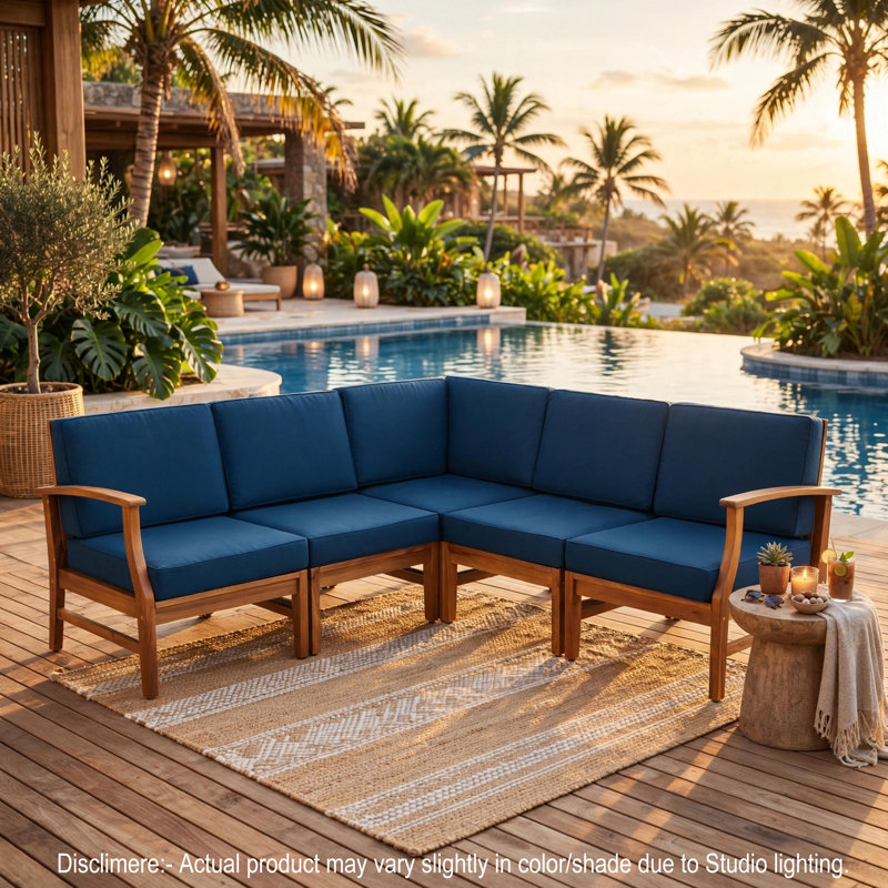 Hoye Outdoor 5pc Modular Corner Sofa Set, L-Shape, Blue Polyester, Brown