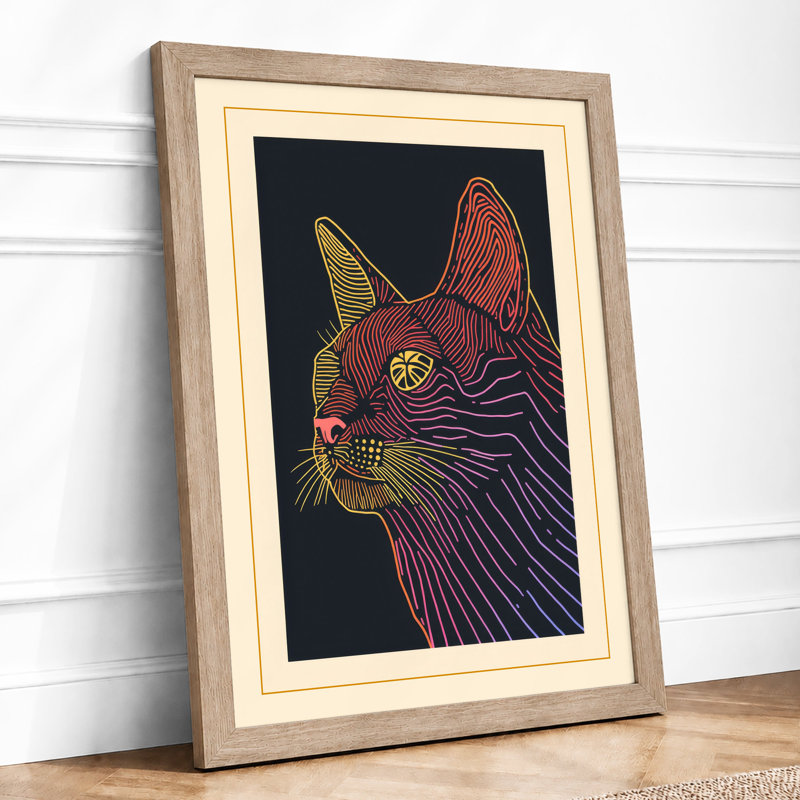 Angular Cat Art Deco - Framed Print, A1 - 84.1 x 59.4 cm, Oak