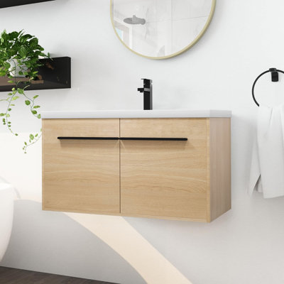 Meuble-lavabo mural classique en bois avec lavabo à poser en résine