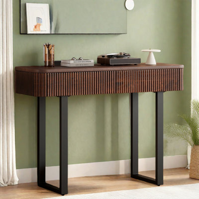 Retro Minimalist Wood Console Table With 2 Drawers, Textured Grooves Design And Metal Legs 