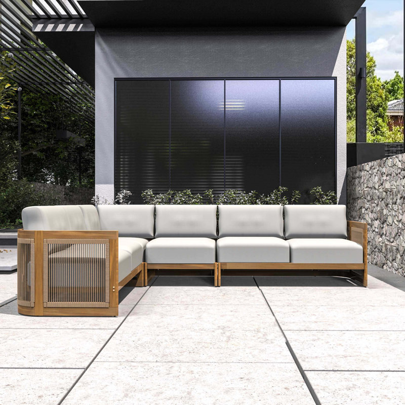 L-Shape 5 Seat Solid Acacia Modular Sofa Set With Cushions – Lounge Configuration