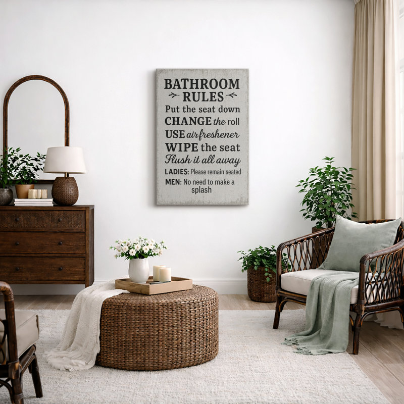 "Bathroom Rules", art mural, impression sur toile, impression sur toile encadrée, H 48 po x l 32 po, Gris froid, Toile tendue