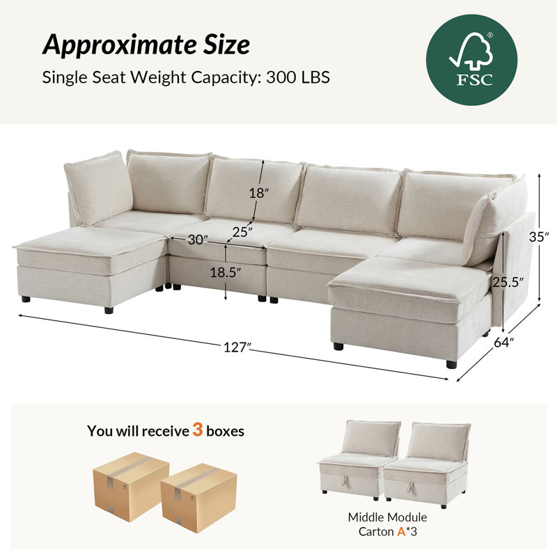 Cheltenham 127"W Modern 6-Piece Extra-Wide Storage Sectional Sofa, Beige 