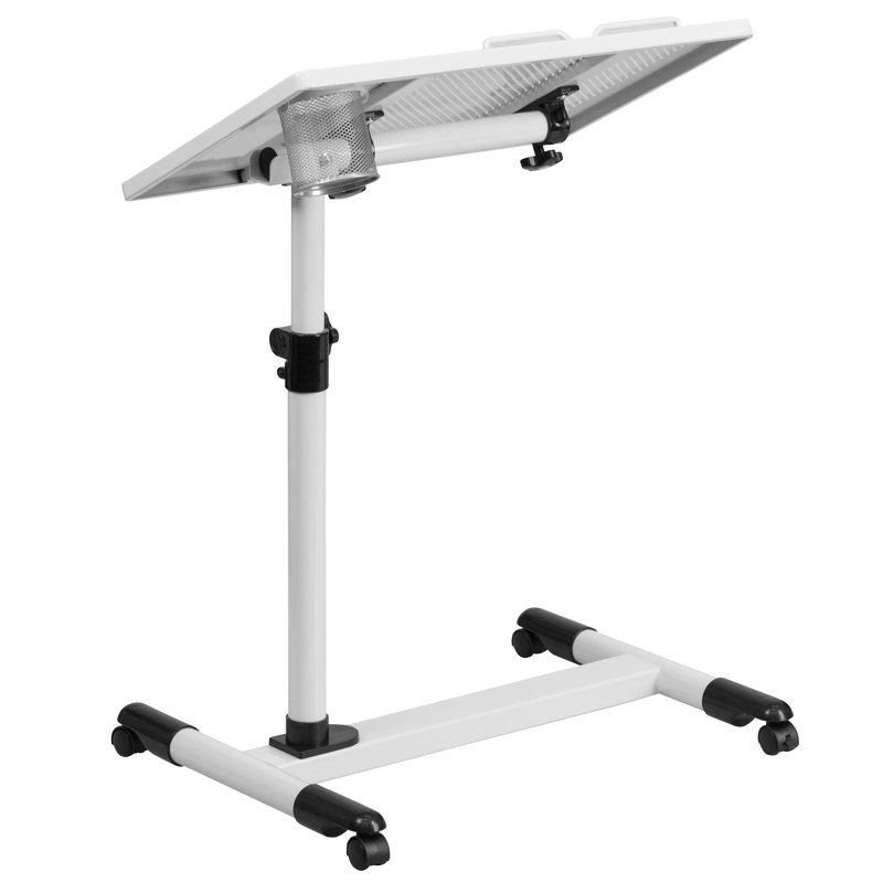 SwivelTop White Adjustable Steel Mobile Desk with Cup Holder