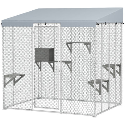 Large Catio Outdoor Cat Enclosure, Galvanized Steel Outdoor Cat House with 420D Waterproof Canopy for 1-3 Large Cat, Walk-in Cat Cage, Silver,wood