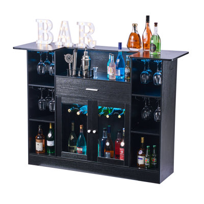 Home Bar Unit, Wine Bar Cabinet Table 4-Tier with Storage Drawer Shelves, Wine Glass Holder, Bottle Rack, LED Light, Wood & Metal Liquor Cabinet for Home, Basement, Kitchen, Living Room, Black