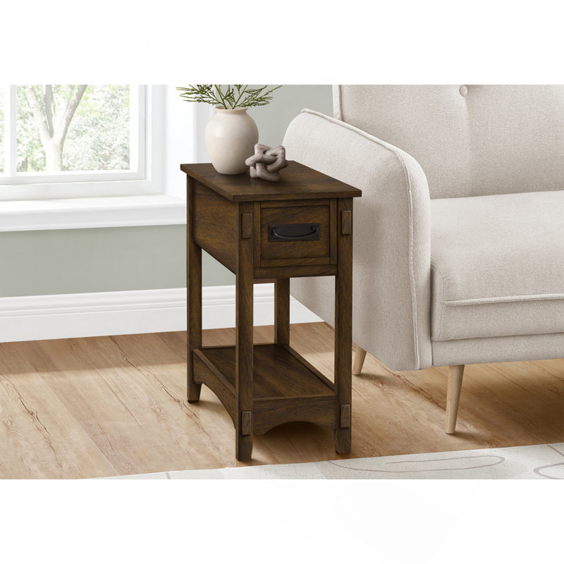 Table d'appoint, table de bout, table d'appoint, table de chevet, 2 niveaux, étroit, tiroir de rangement, placage brun, transitionnel