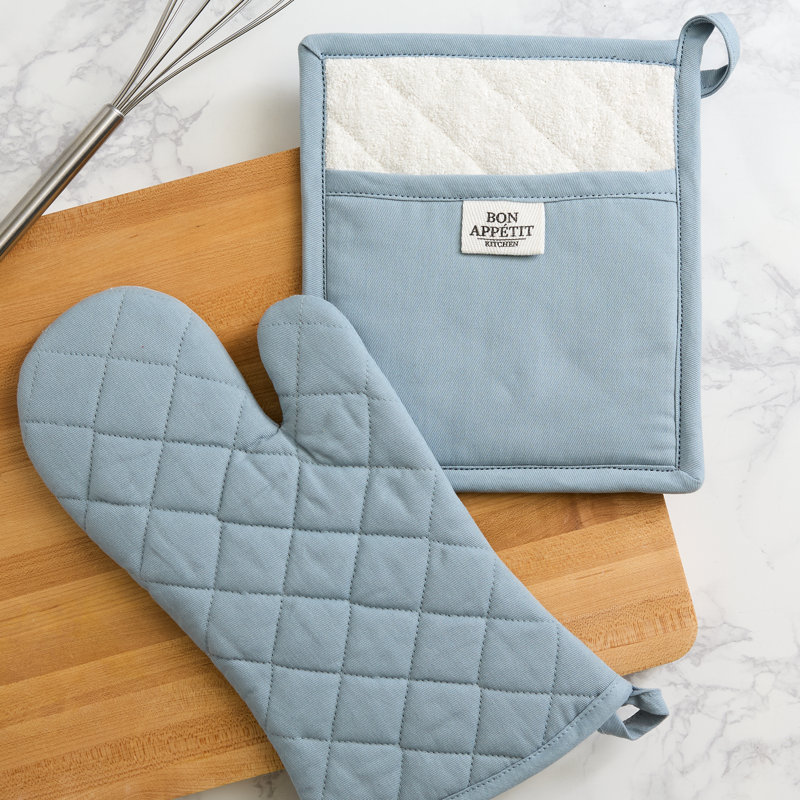 Design Imports Chino Oven Mitt & Potholder Kitchen Set/2, Feather Gray, Blue
