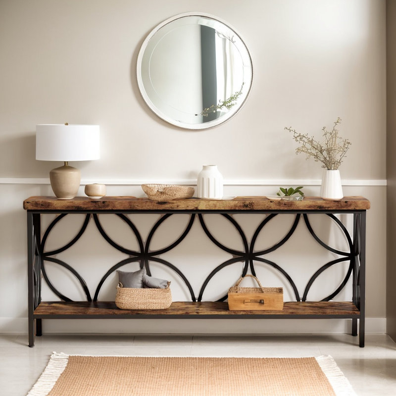 Console industrielle 70,9 po avec 2 tablettes, long canapé derrière le canapé pour le vestibule, Brun et noir, Brown, Noir