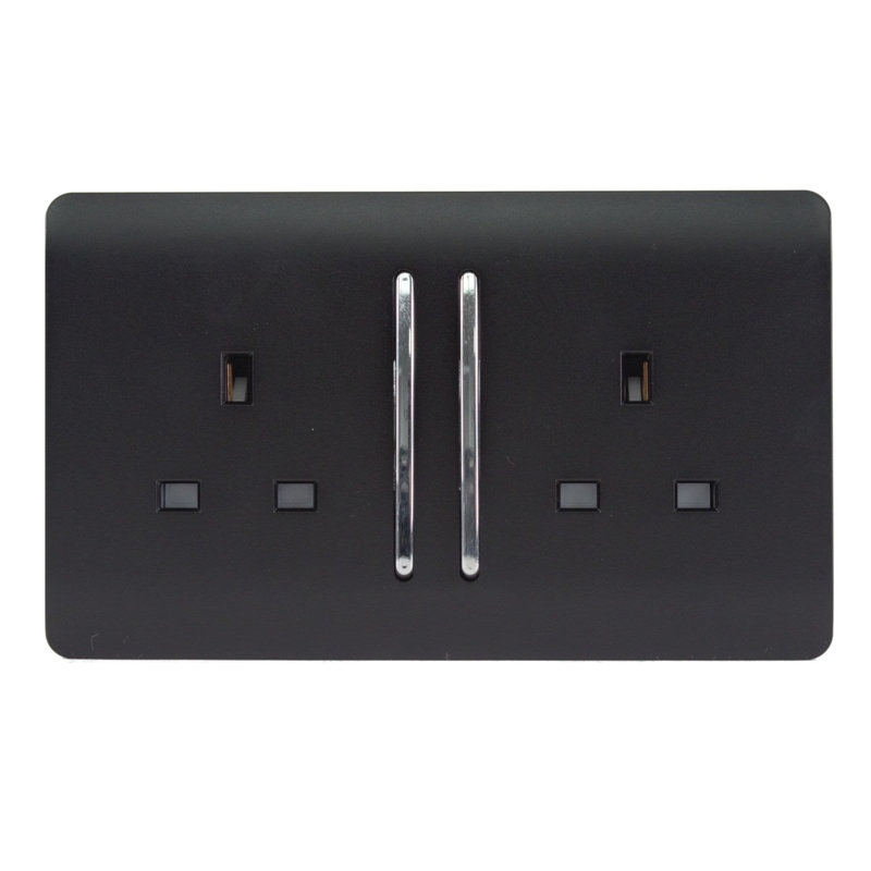 Trendi Switch 2 Gang Long Switched Plug Socket, Matte Black