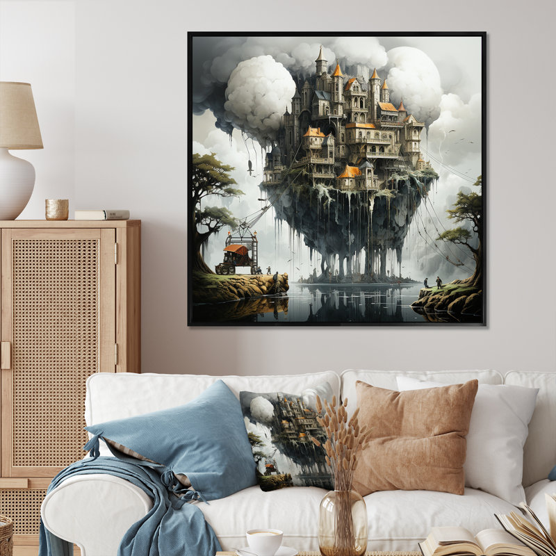 Surréalisme, château mystique - impression, Cadre flottant noir, H 16 po x l 16 po x P 1 po