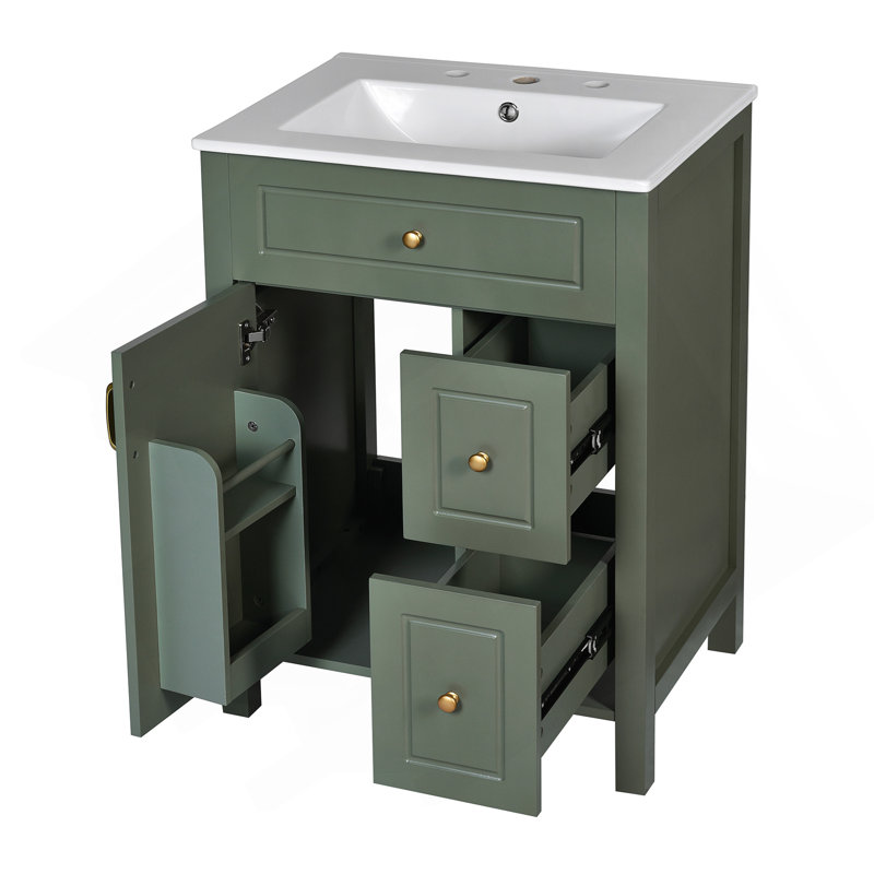 Meuble-lavabo de 24 pouces avec lavabo en céramique, 1 porte à fermeture en douceur, 2 tiroirs à fermeture en douceur et 2 supports de rangement sur la porte