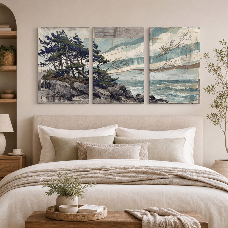 Ensemble de 3 toiles bleues sur une côte rocheuse avec turquoise, H 24 po x l 16 po x 3 pièces