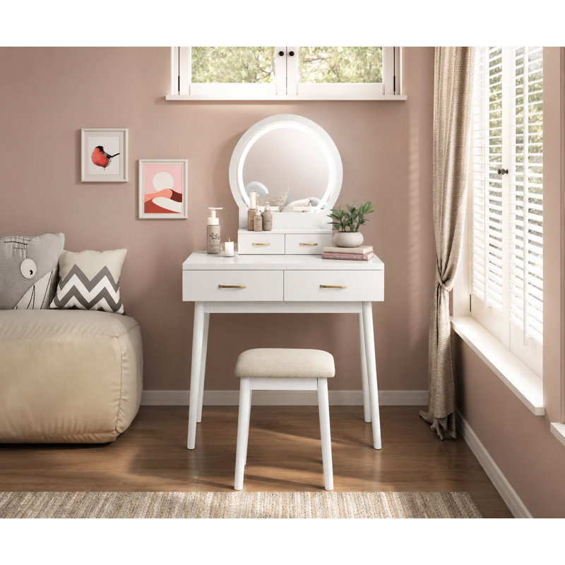 Kamila 4-Drawer Modern Makeup Vanity Set · LED Smart-Touch Mirror · Padded Stool, White