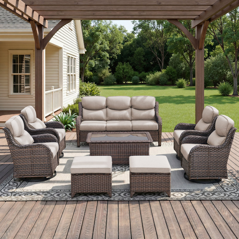 Ensemble de conversation d'extérieur en osier 8 pièces avec chaises pivotantes et table basse 8 pièces, Beige, Brun