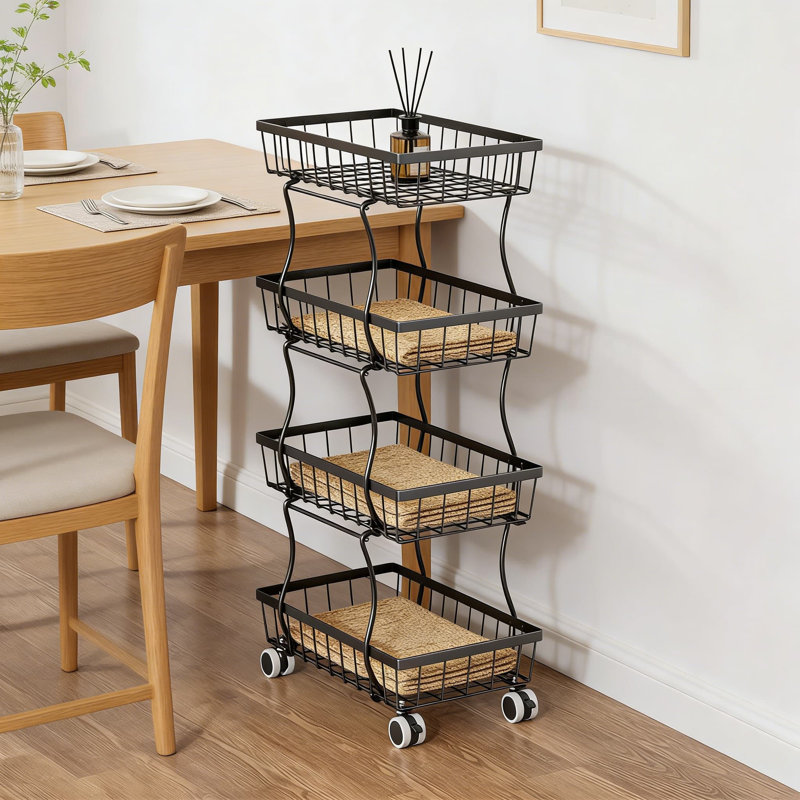 Chariot de rangement sur roulettes à 4 niveaux avec roulettes, panier de rangement empilable en métal