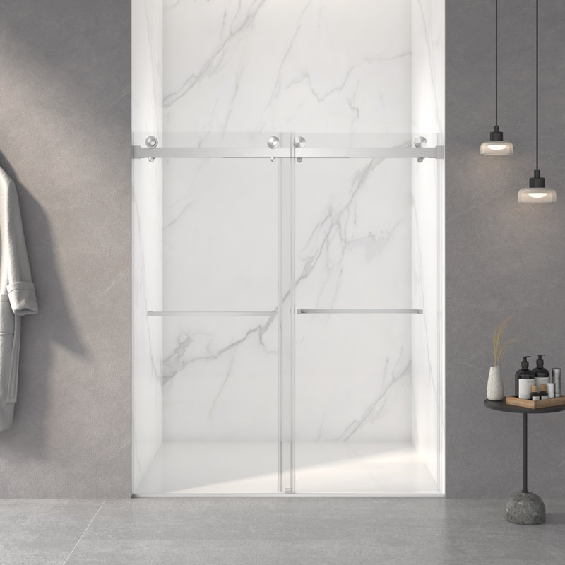 Porte de douche coulissante double sans cadre l 56 à 60 po x H 70 po, verre trempé clair de 5/16 po (8 mm) de large épaisseur, couche double facile à nettoyer, finition nickel brossé avec tampon