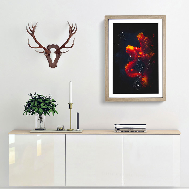 Red Octopus - Picture Frame Graphic Art Print, Oak Framed, 33cm H x 24cm W x 2cm D