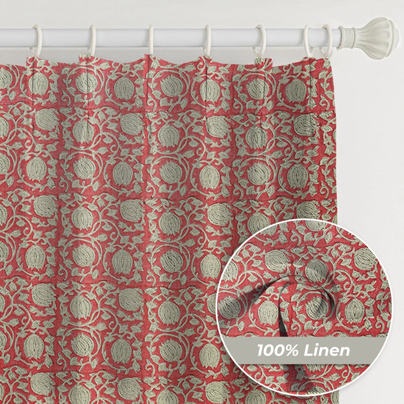 Fabdivine Handmade Block Print 100% Blackout Floral Pattern Curtains Soft Boho Pleated Pinch Drapes for Home, Office, Living or Bedroom, Kitchen Pink and Blue, 6 Kamal