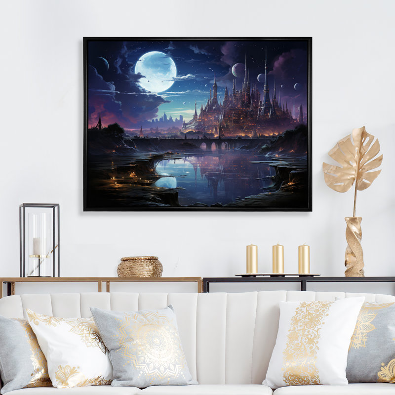 Science-fiction, paysage urbain de nuit, Cadre flottant noir, H 12 po x l 20 po x P 1 po