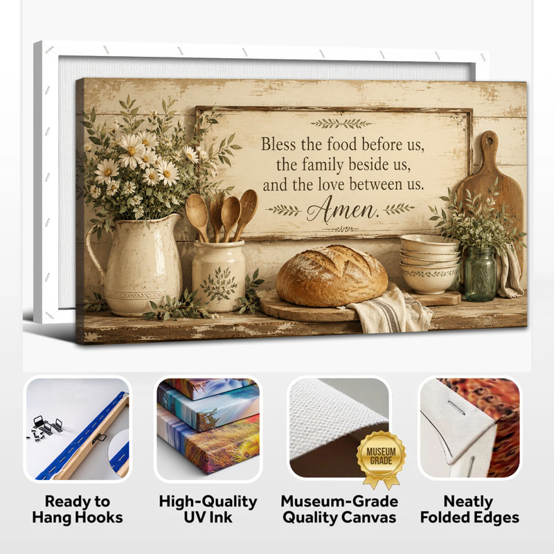 Tableau mural sur toile « Bénédiction chrétienne pour la cuisine », typographie « Pain et Amen », idéal pour la cuisine ou la salle à manger, format horizontal, prêt à accrocher, 50 x 100 cm.