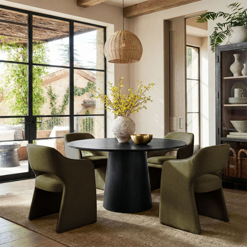4 - Person Dining Table Sets With Round Table & 4 Upholstered Waterproof Chairs, Olive Green