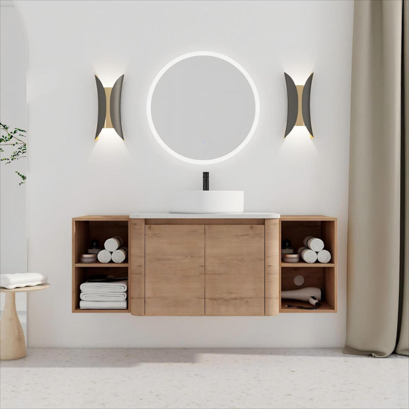 Meuble-lavabo mural 54 po avec lavabo d'art en céramique et 2 tablettes de rangement, 2 portes à fermeture douce, emballage KD, contreplaqué
