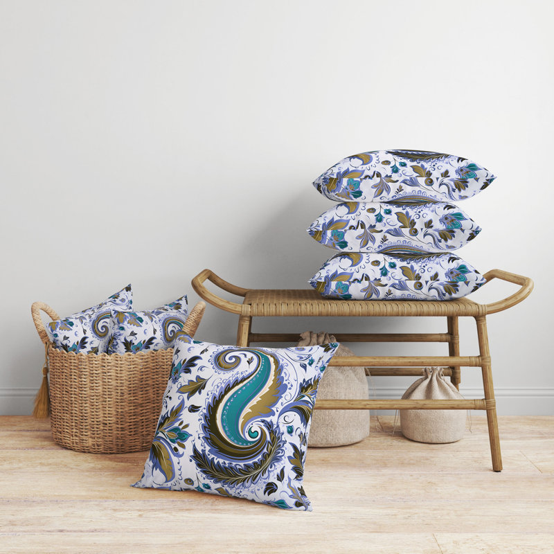 Blue and Olive Paisley Faux Suede Square Throw Pillow