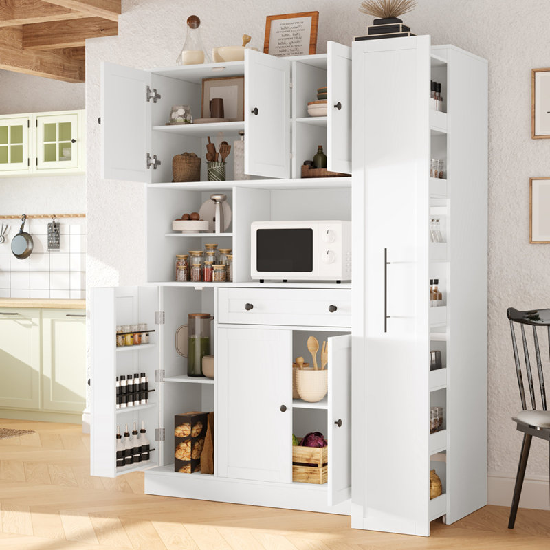 Spacieuse armoire latérale à 7 niveaux avec roulettes pour l'organisation de la cuisine et un accès facile, Blanc