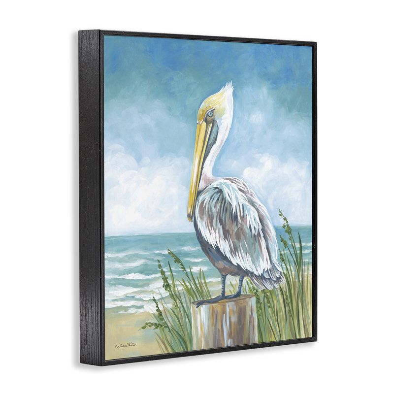 Pélican perché près de la côte, estampe numérique, design par Diane Kater, H 14 po x l 11 po, Giclée encadrée noir minuit