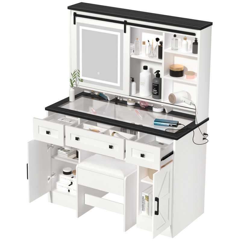 Vanity Desk with Sliding Mirror,Makeup Table Chair Set with 3 LED Light Modes, 3 Drawers, 2 Barns