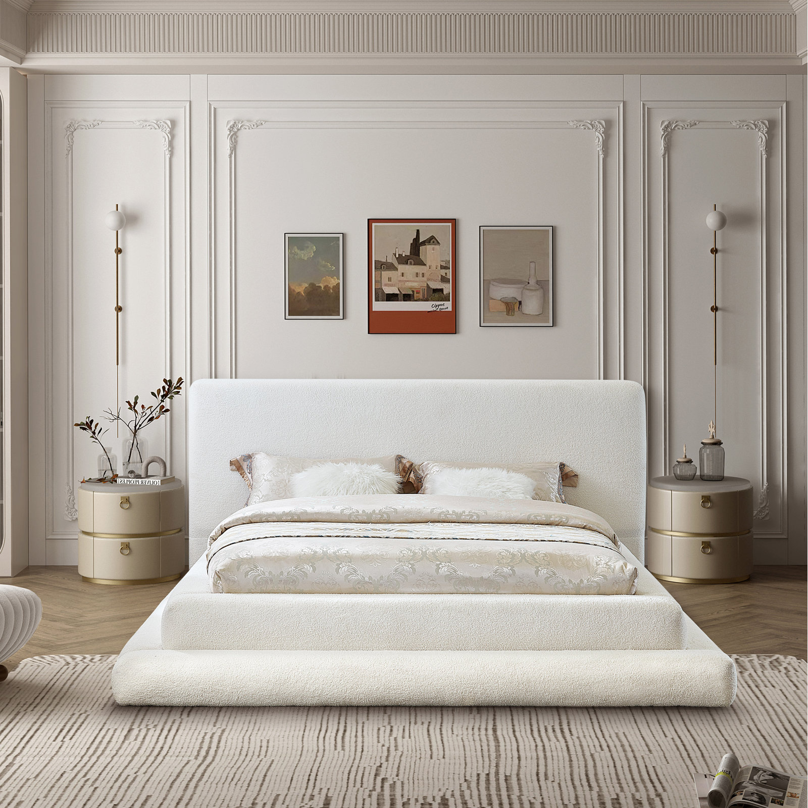 Hoffarth Upholstered Bed, Full/Double, Cream Faux Shearling Teddy Fabric