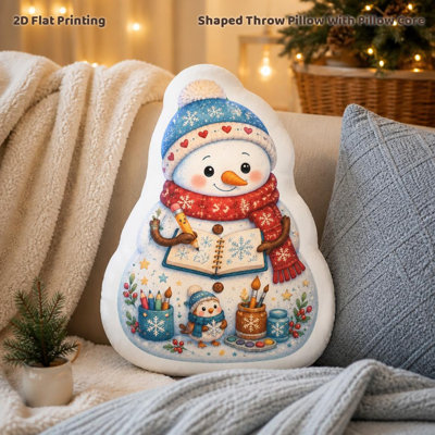 Coussin décoratif en forme de bonhomme de neige, étoile et dessin d'artiste, idéal pour une chambre à coucher, ambiance chaleureuse et hivernale. Impression 2D, 60 cm.