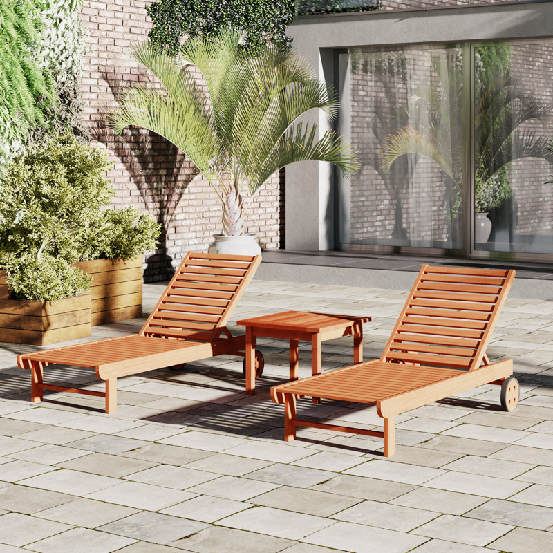 Marsily Outdoor Eucalyptus Wood Chaise Lounge Set with Table