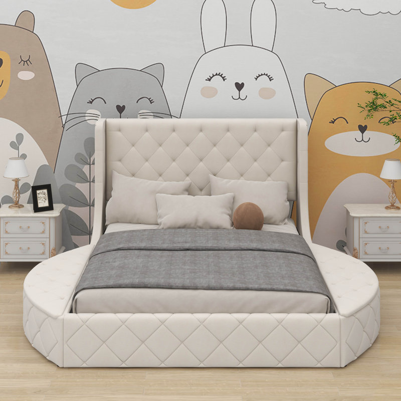 Grand lit plateforme tapissier en velours avec tête de lit et tiroir, Beige